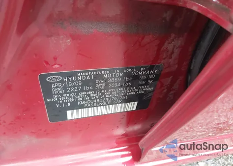 2009 Hyundai Elantra Gls z USA, uszkodzony, nr VIN KMHDU46D29U757751